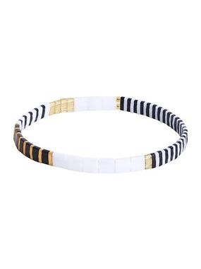 Minimalist Tila Bead Bracelet – White Black Gold – Stackable Stretch Bracelet
